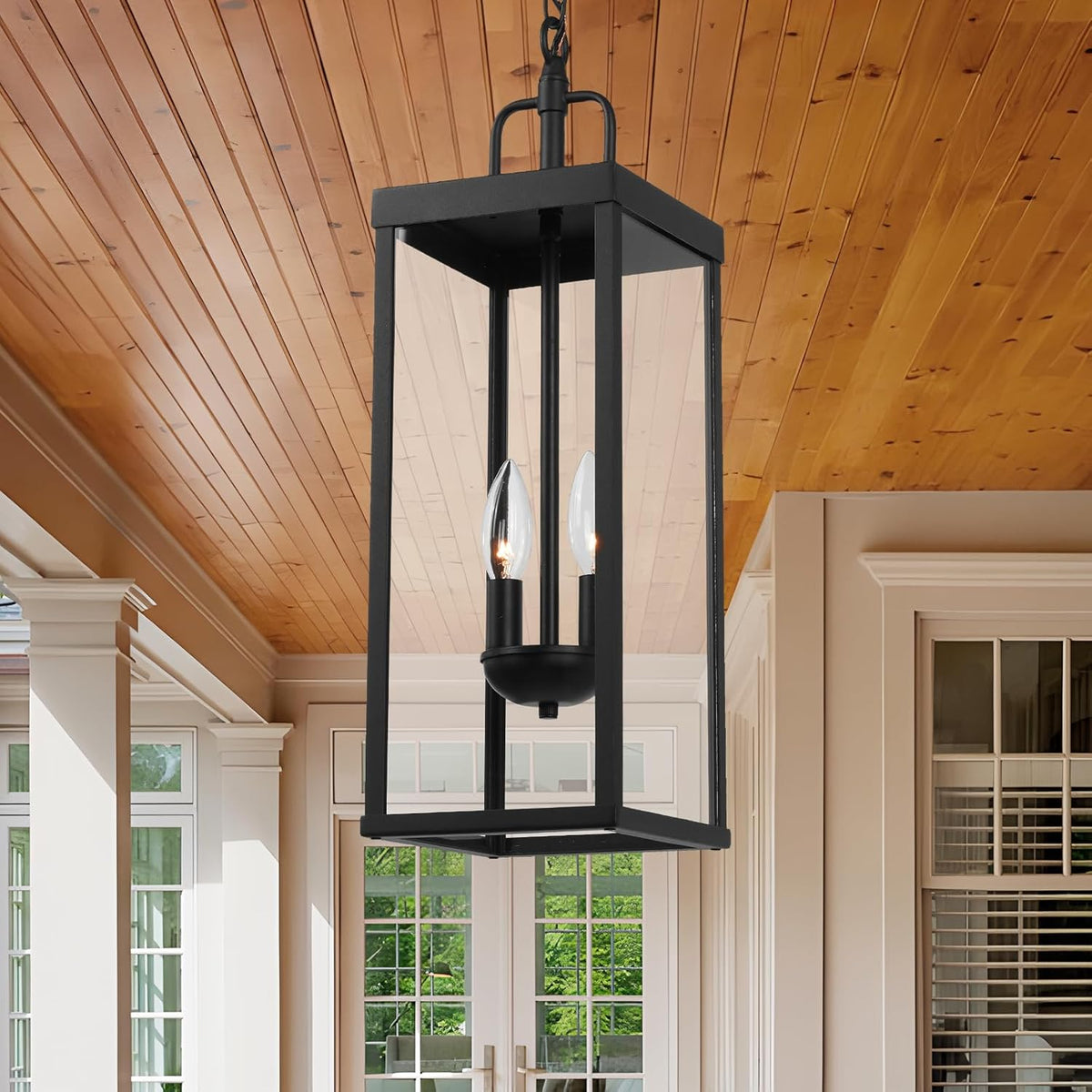 Large Outdoor Pendant Lantern Light Fixture for Front Porch, 20 Inch 2-Light Black Exterior Hanging Chandelier with Clear Glass, Outdoor Indoor Pendant Lamp for Patio, Gazebo, Entryway, Doorway