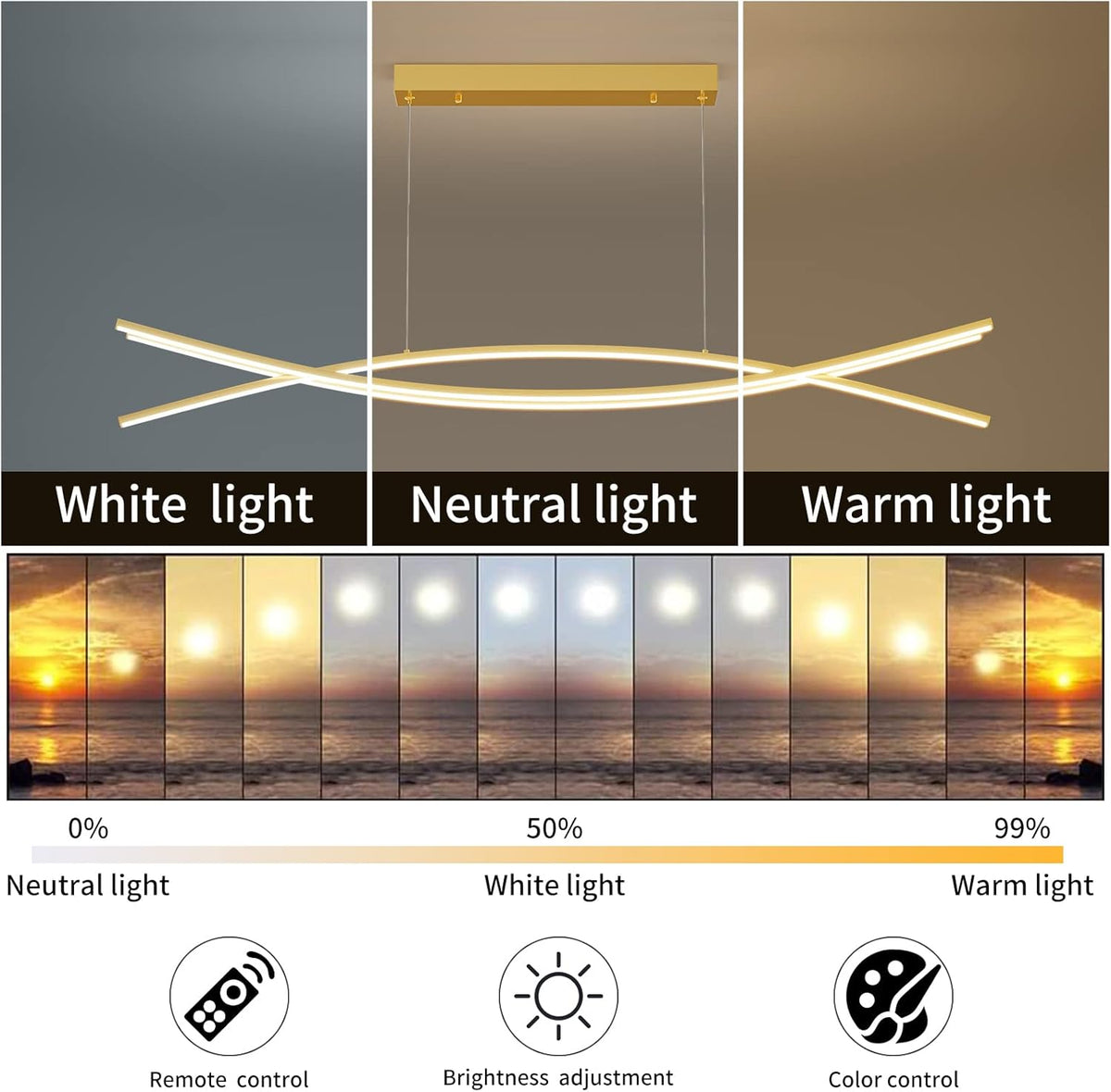 Modern Chandelier, Linear Pendant Light LED Dimmable Hanging Light Fixture, 3000K-6000K with Remote Control (Gold, 47IN)