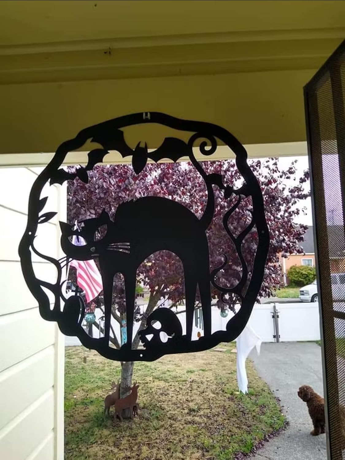 RealSteel Halloween Cat Wreath, 18" Steel, Cottage, Rustic Style, Orange, Wall Decor, Front Door, Living Room, Porch, Haunted House