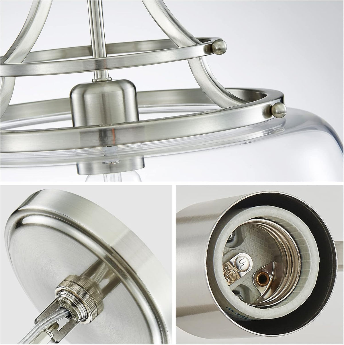 WUZUPS Chandelier Rustic Farmhouse Industrial Round Ceiling Pendant LED Light Fixture with Clear Glass Shades for Dining Room Kitchen Island Foyer Entryway, H 17" x W 13.4", E26 Base, Brushed Nickel