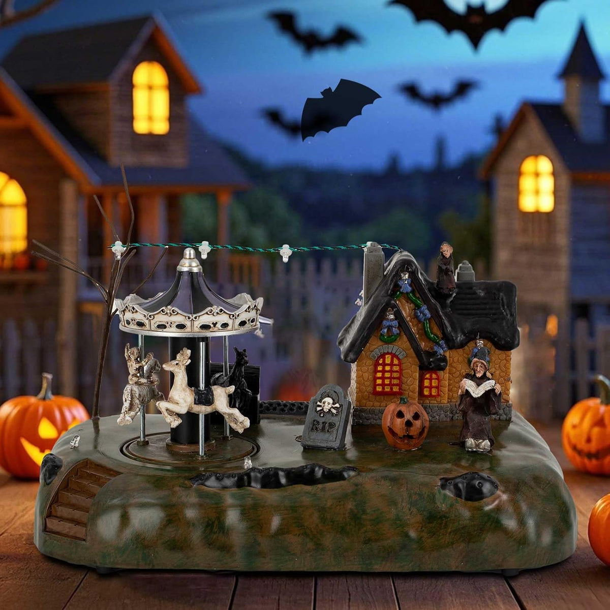 Animated Halloween Carousel Village House, LED Spooky Festival Display Collection Battery Operate, Indoor Use only