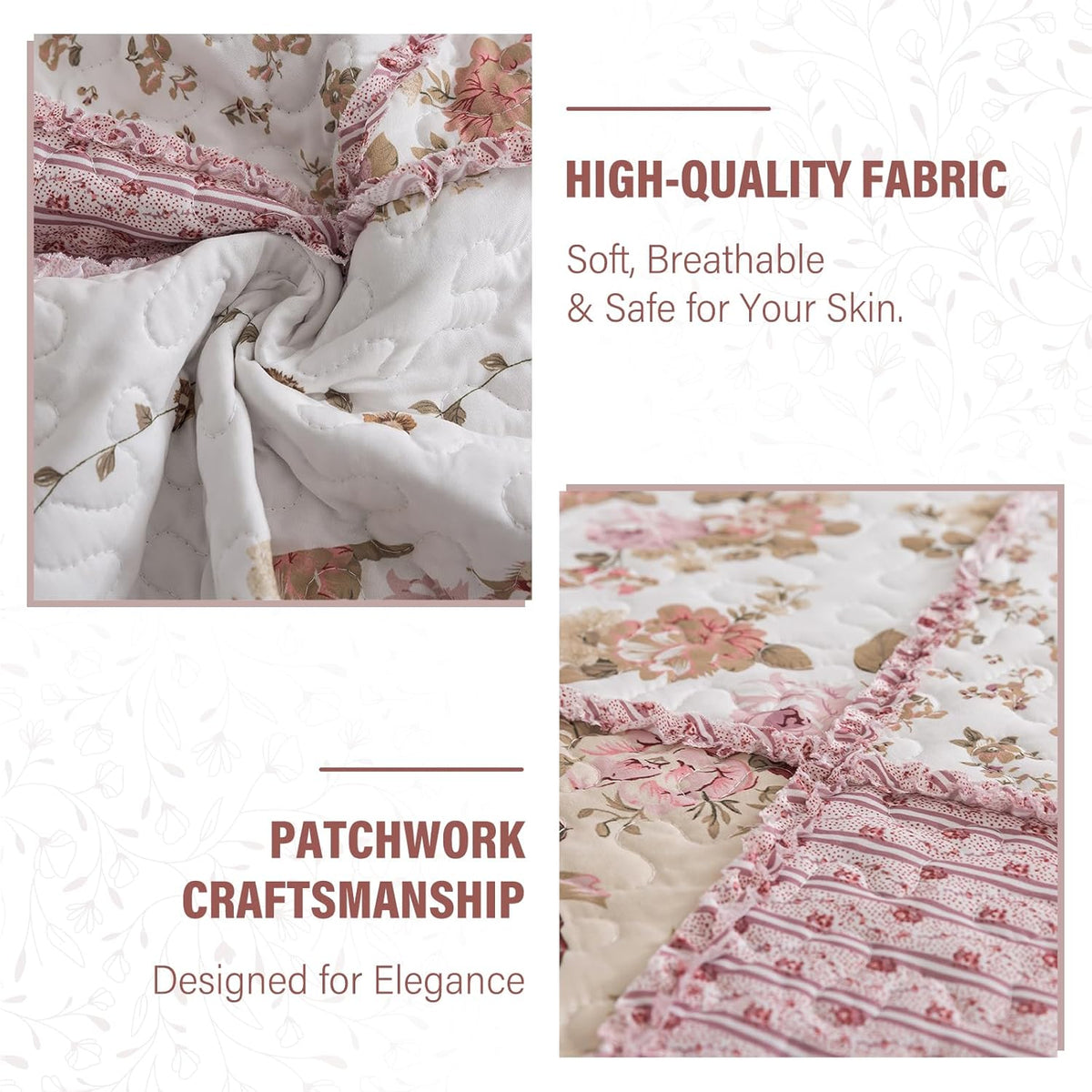 NEWLAKE Quilt Set King Size, Bedspread Sets Pink Botanical Floral, Reversible Quilt Bedding Set Lightweight and Breathable for All Seasons, Soft Quilted Bedspread with 2 Pillow Shams