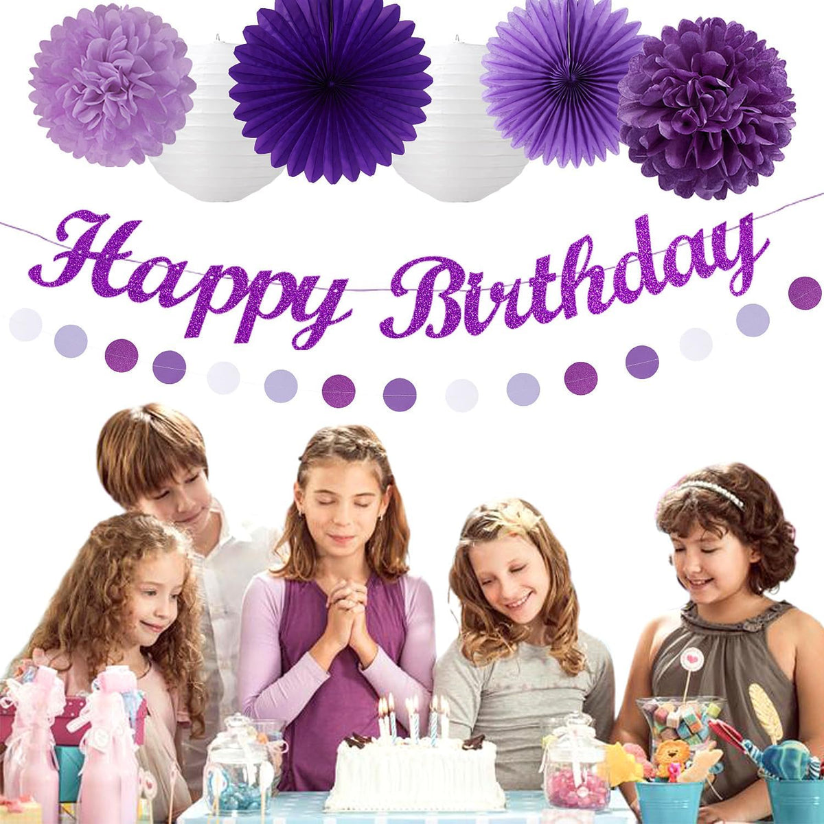 Purple White Birthday Party-Decorations Paper-Flowers - 14pcs Happy Banner Lavender Lanterns Tissue Pom Poms,Lilac Streamers Garland Fans,Women Girls Adult Kids Office Hanging Supplies Decor Hugfond