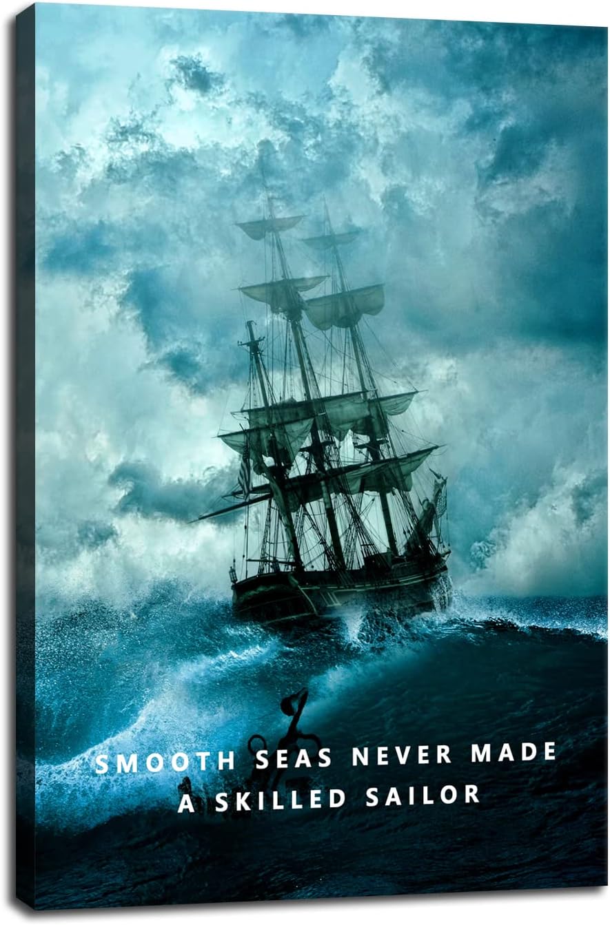 Inspirational Canvas Wall Art Smooth Seas Never Made A Skilled Sailor Motivational Poster Entrepreneur Quote Picture Home Office Decor Painting Framed and Stretched Ready to Hang [12''W x 18''H]