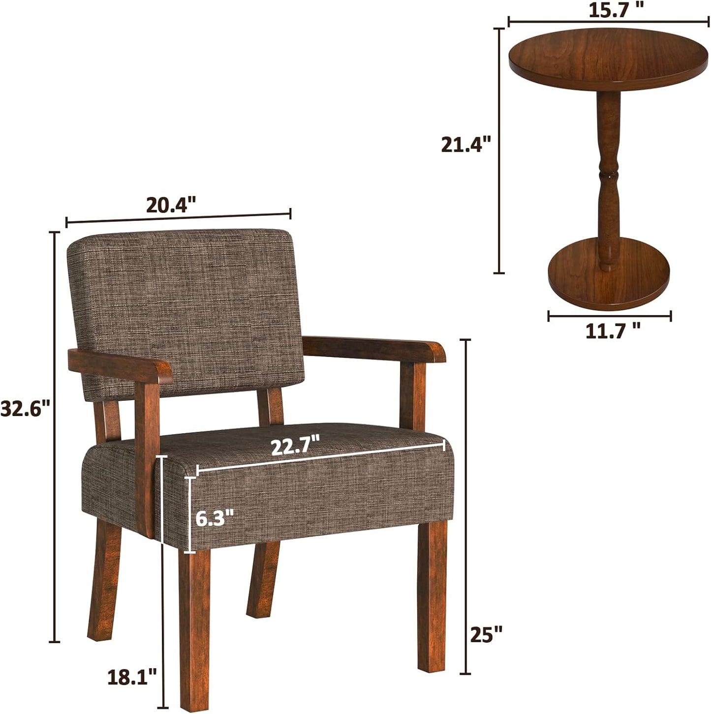 Accent Chair Set of 2 with Table, Living Room Chairs with Soft Seat & Armrests for Living Room Bedroom Reading Room Waiting Room (Brown), (AC01)