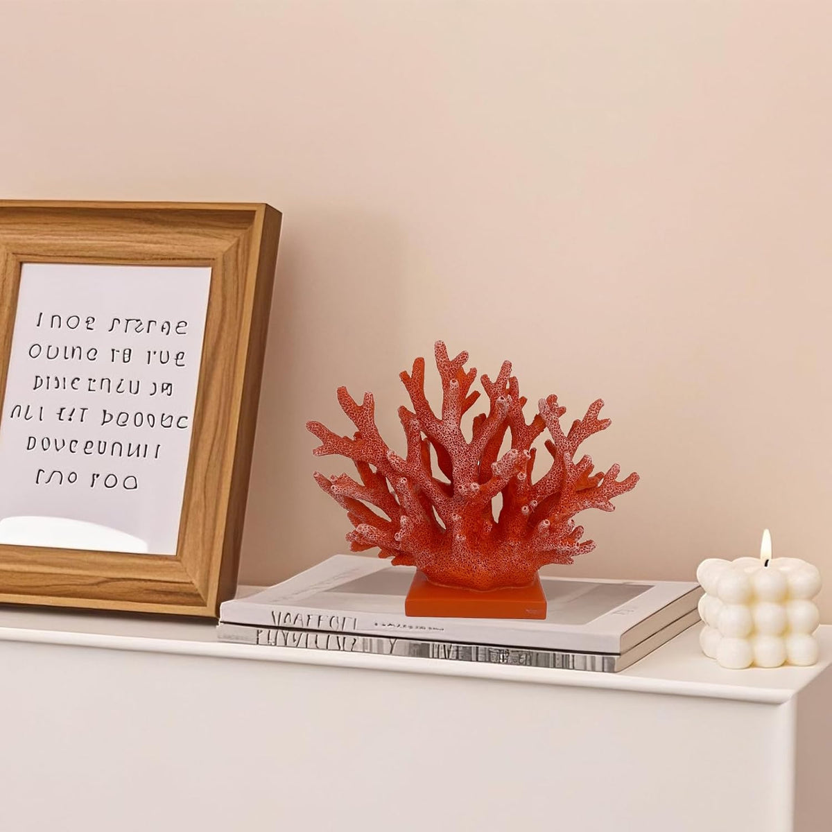 5.8" H Red Orange Coral Decor - Resin Coral Statue, Nautical Decor for Home, Bedroom, Bathroom, Living Room, Ocean Themed Cabinet Shelf Tabletop Decoration
