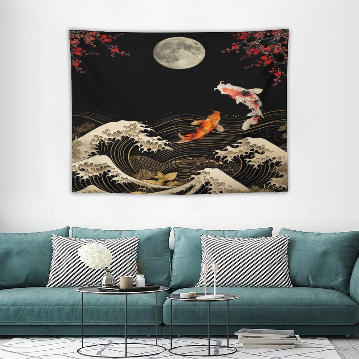 Houselerax Koi Fish Tapestry, Japanese Style Yin Yang Big Wave Cherry Blossom Tapestries Wall Hanging for Bedroom Living Room Office Decor 40"x30"