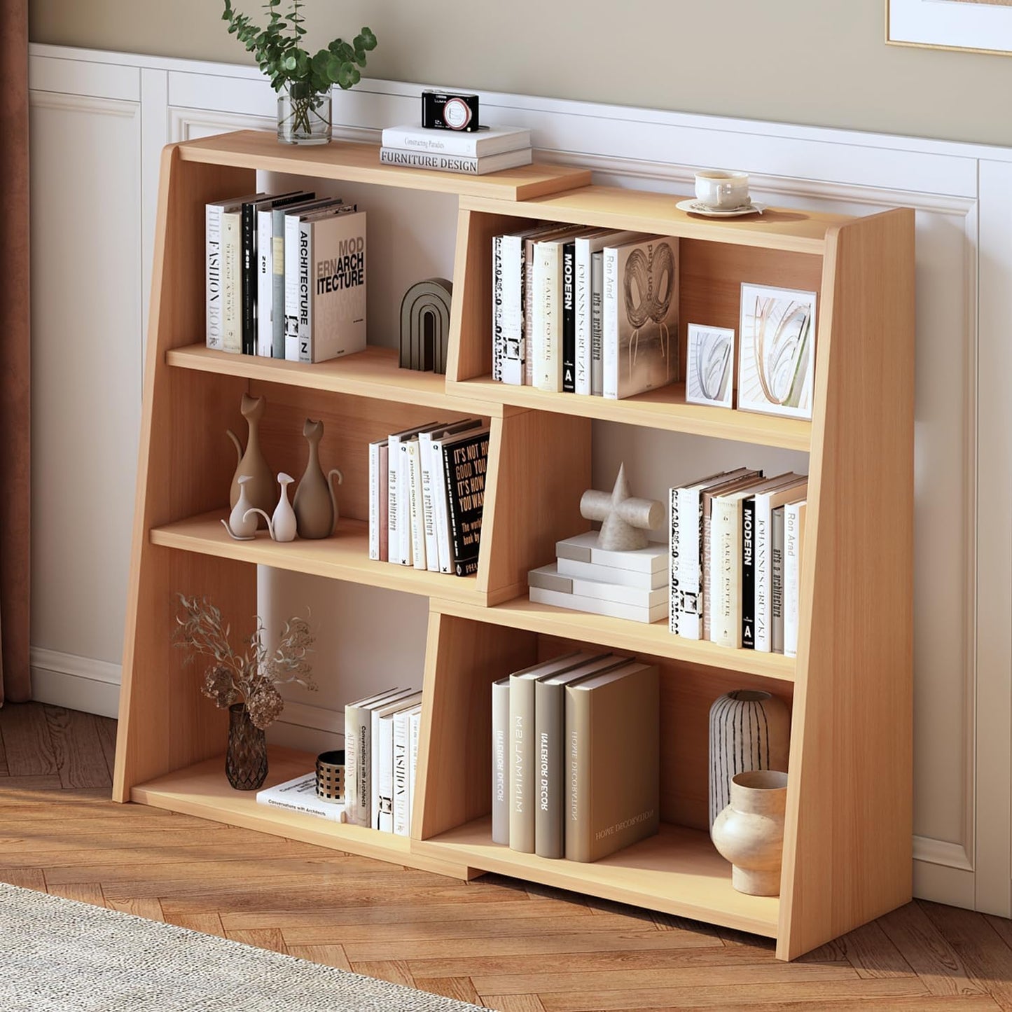 IOTXY Wooden Extendable Shelf Bookcase - 3-Tier Ladder Low Short Bookshelf for Small Space or Corner, Oak, S
