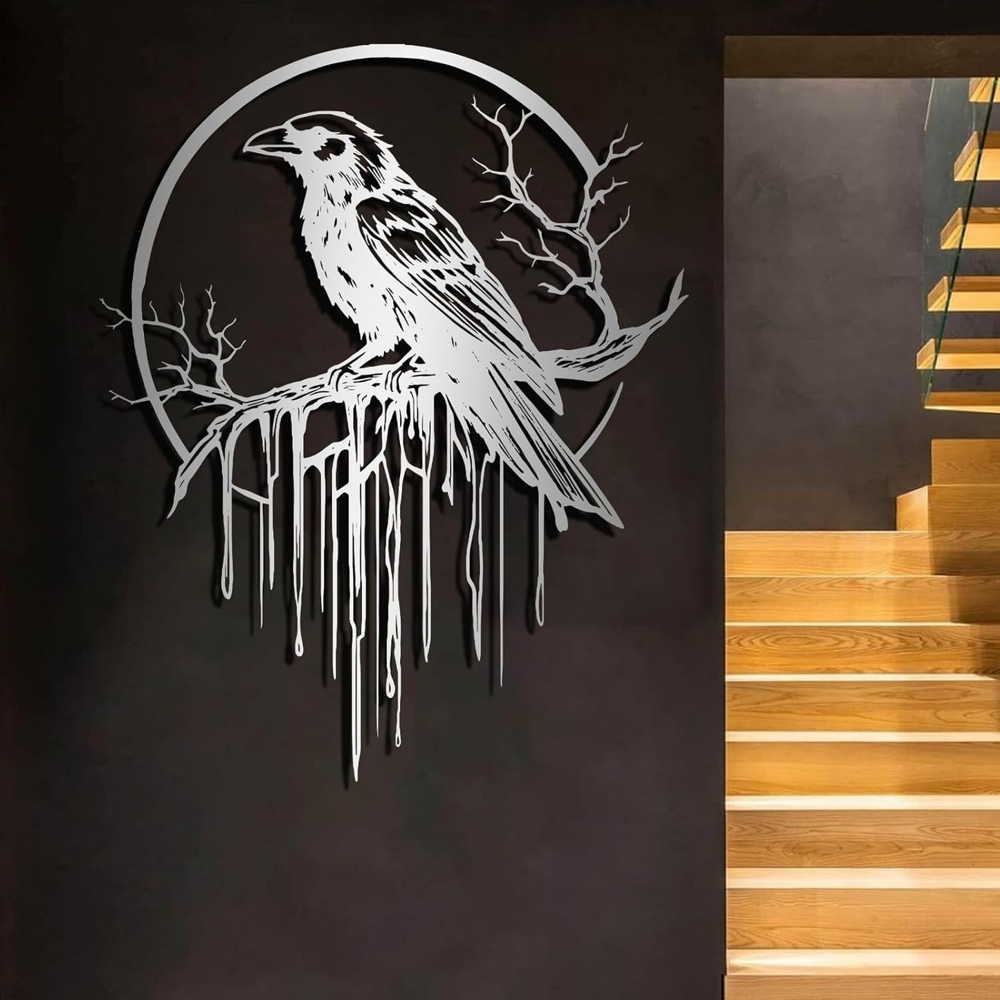 Crow Metal Wall Decor, Raven Wall Art, Large Gothic Raven Decor Hangings, Bird Wall Decor, Metal Tree Branch Decor, Ravens Sign, Raven Art for Living Room (White, 28"x22" |70x56cm, metal wall art)