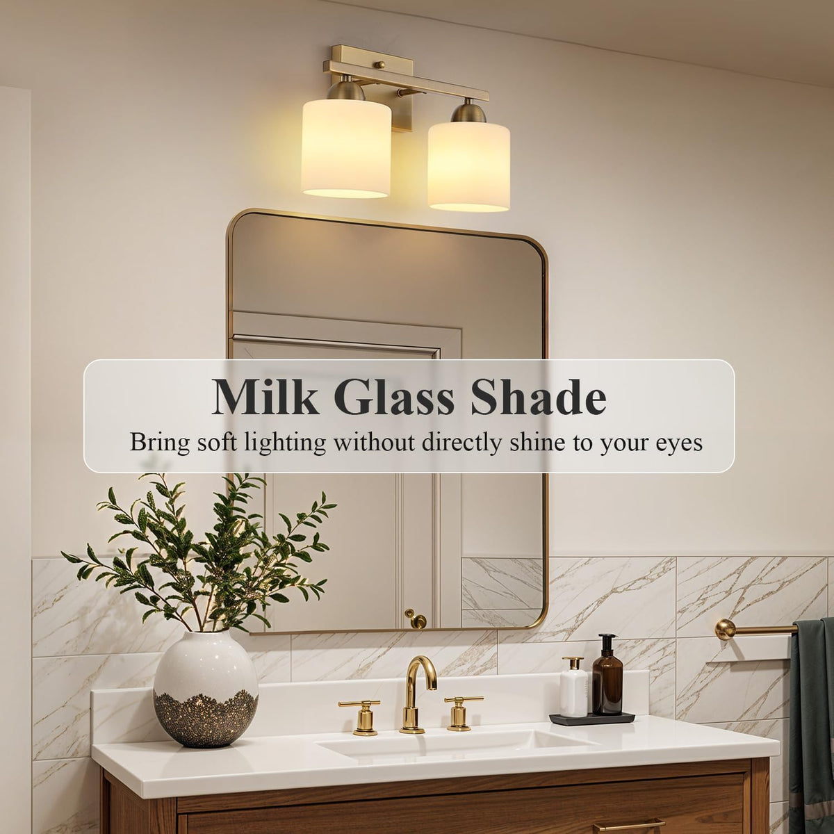 Stainless Steel Milk Glass Vanity Lights for Bathroom, 2 Light Brass Bathroom Light Fixtures Over Mirror, Ceramic E26 Sockets Wall Mounted