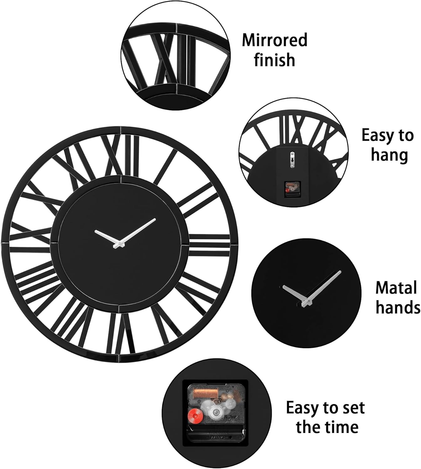 SHYFOY Large Wall Clock - 23.6" Modern Black Wall Clock with Roman Numerals, Decorative Wall Clocks for Living Room, Bedroom, Office - Easy to Hang, Silent Non-Ticking