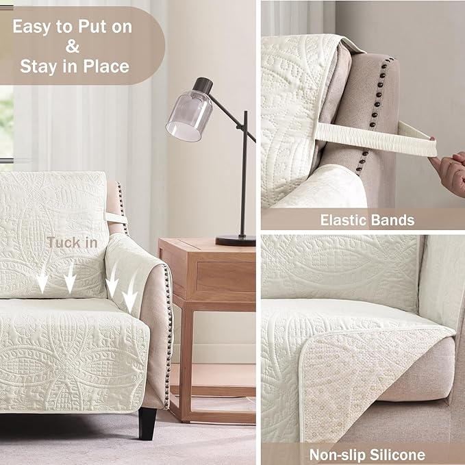 Stay in Place Ivory White Quilted Loveseat Couch Cover - Image 5