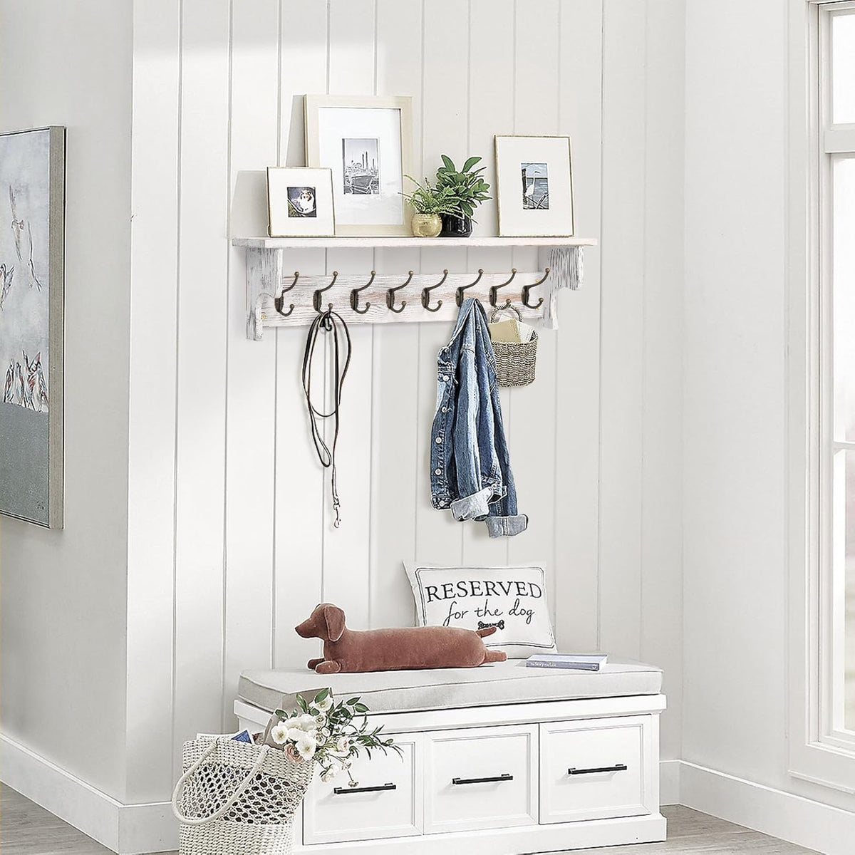 BECHAEO 35.8'' Wood Coat Rack Wall Mount with Shelf, White Wall Coat Rack with Hooks, Farmhouse Rustic Coat Hooks for Entryway Bathroom Hallway Kitchen Bedroom