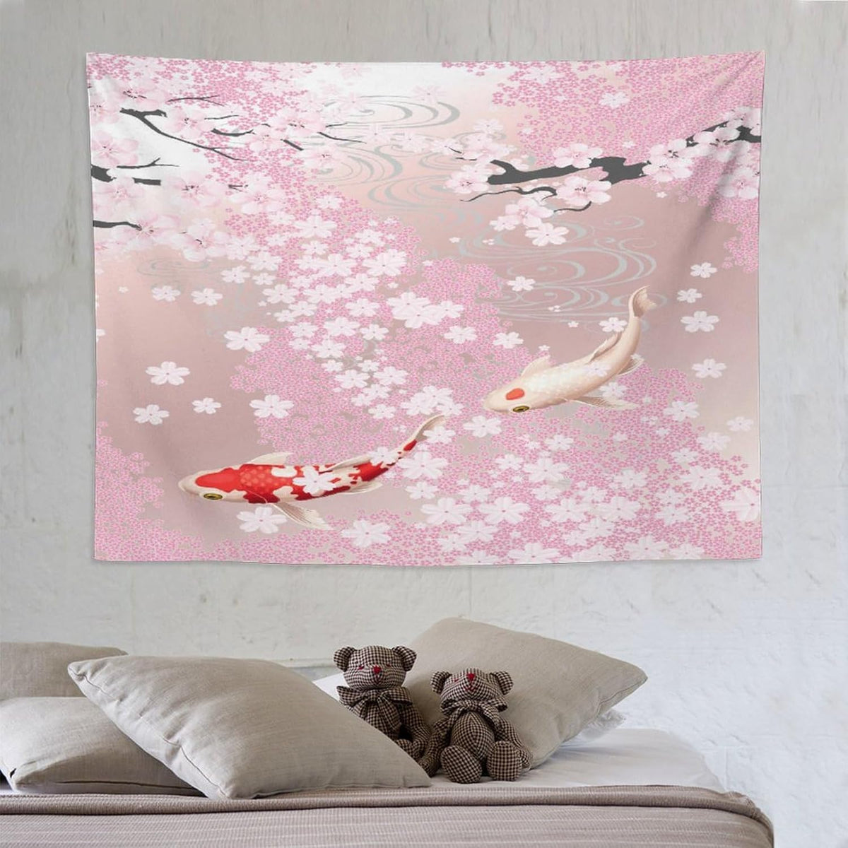 Houselerax Japanese Koi Fish Tapestry, Cherry Blossoms Asian Oriental Pink Flower Branch Koi Fish Carp Tapestries Wall Hanging for Bedroom Living Room Office Decor 80"x60"