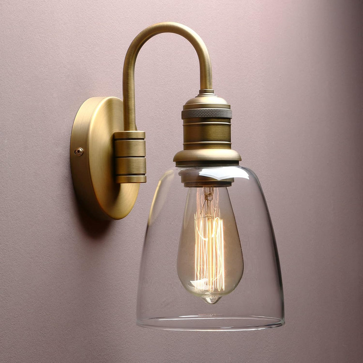 Yosoan 1-Light Brass Modern Vintage Indoor Wall Sconce, Vanity Single Luxury Hardwired Retro Textured Clear Oval Cone Glass Shade with Industrial Gooseneck Curved Rod Bathroom Lamp(Antique)