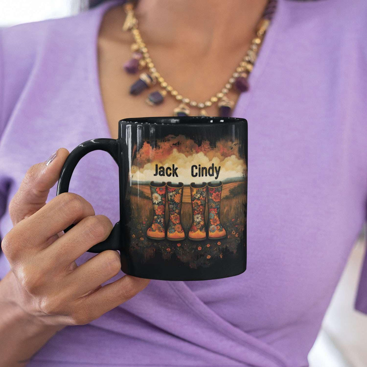 Custom Couple Mug with Floral Boots Design, Personalized Name Coffee Mug 11oz 15oz, Fall Inspired Ceramic Coffee Cup, Custom Autumn Scene Black Cup, Gifts for Boyfriend, Girlfriend