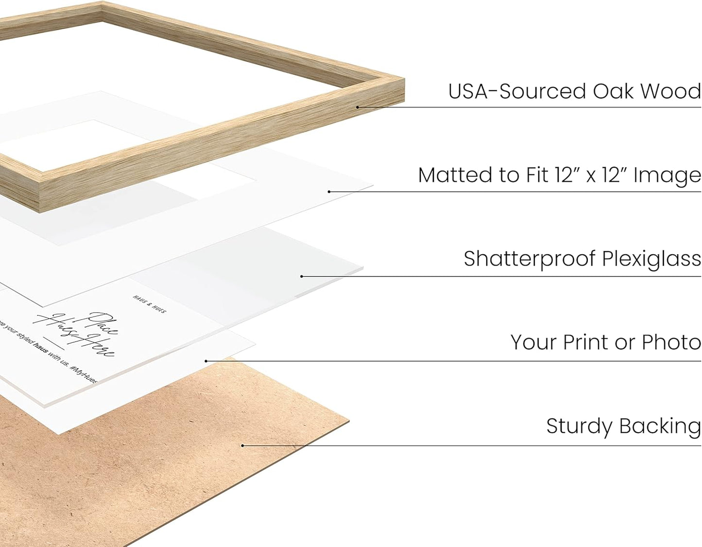 HAUS AND HUES Solid Oak Wood 16”x16” Picture Frames Matted to 12”x12” Set of 6-16x16 Gallery Wall Frame Set, Square Picture Frames Pack of 6, 16 x 16 Square Frames with Mat (Beige Oak Frames)