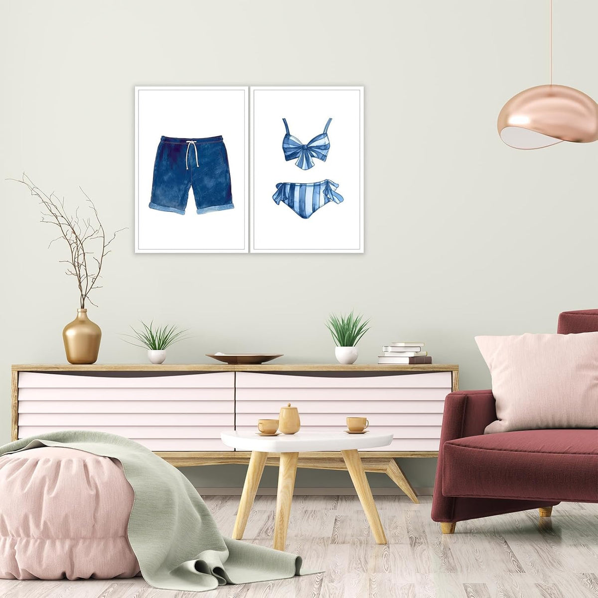 Liyark Set of 2 Retro Navy Blue And White Swimsuit Art Posters Beach Bathing Suit Prints Painting Beach House Wall Art Coastal Wall Decor Pictures For Bathroom Home Decoration 24x36in Unframed