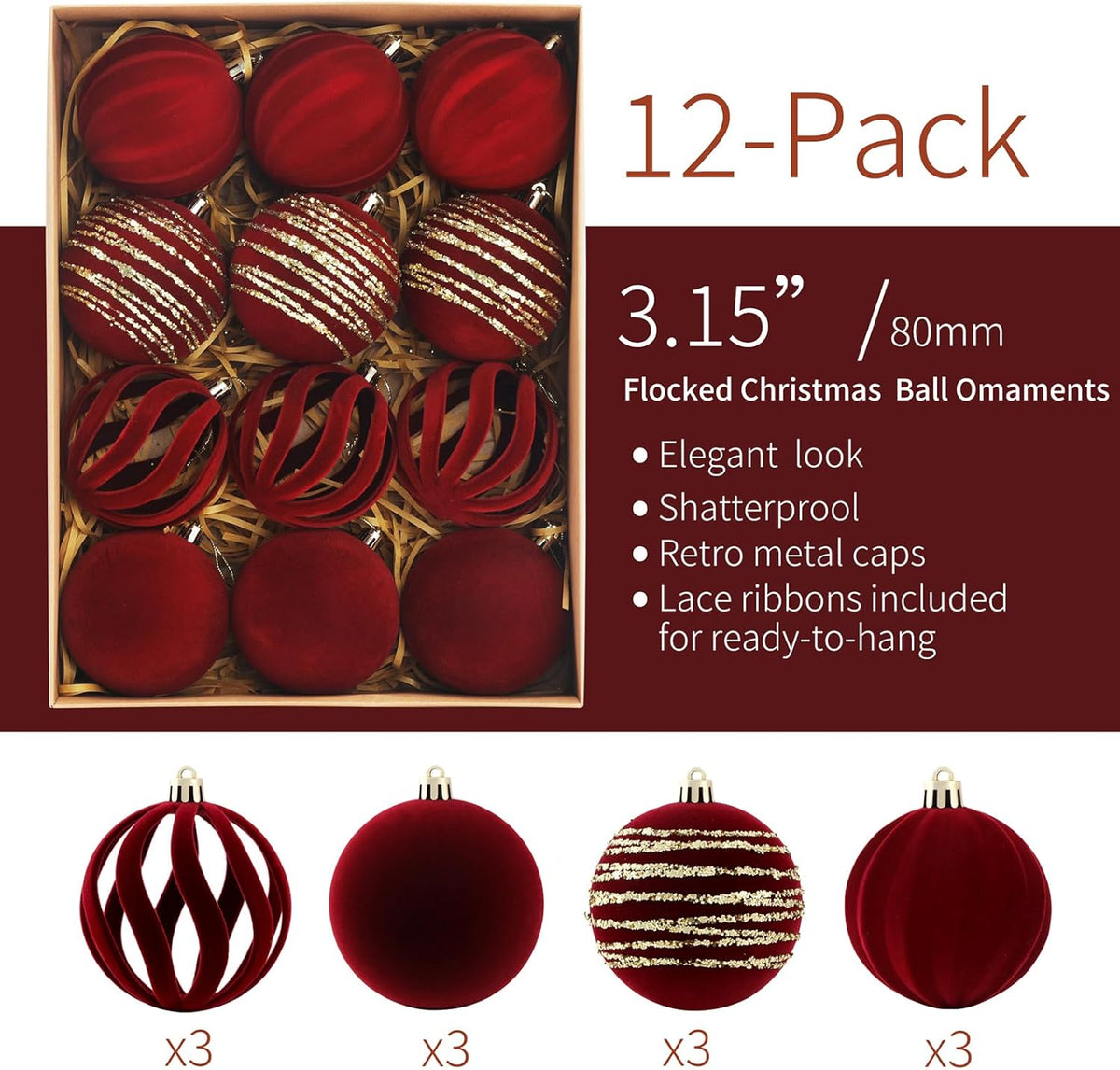 Christmas Ornaments Set of 12, 3.15" Flocked Velvet Balls with Hand Painted Designs, Burgundy Elegant Christmas Tree Decorations in Gift Box