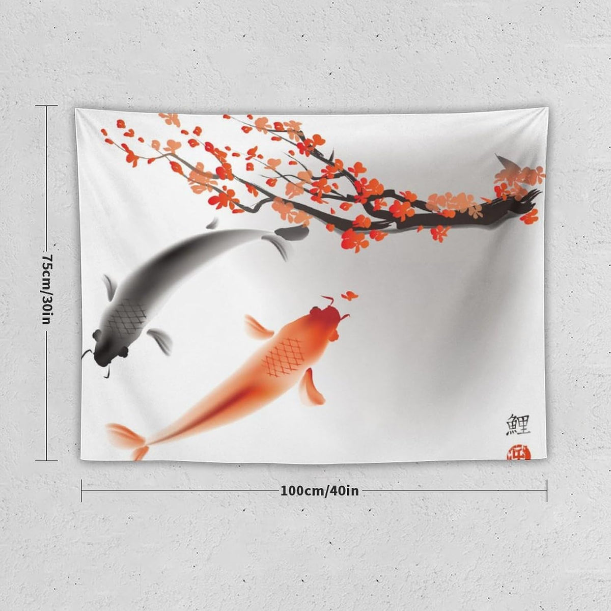 Japanese Koi Fish Tapestry, Cherry Blossoms Asian Oriental Flower Branch Koi Fish Carp Tapestries Wall Hanging for Bedroom Living Room Office Decor 40"x30"