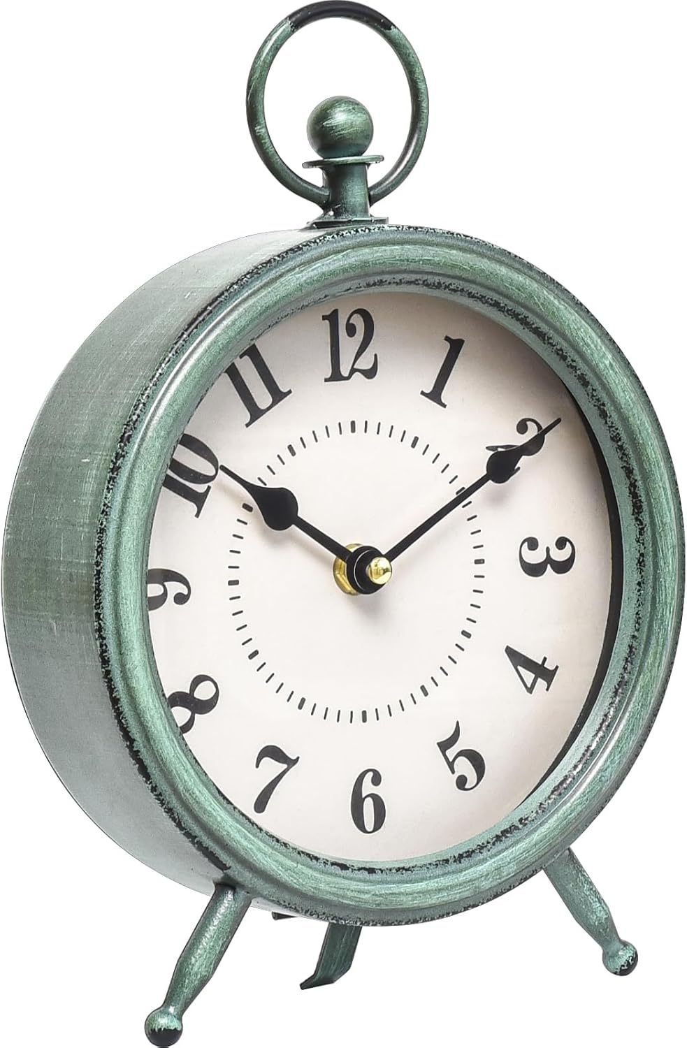 Vintage Rustic Green Table Clock on Stand, Decorative Desk and Shelf Clock，Decorative Battery Operated Table Top Clock for Living Room，Silent Non-Ticking