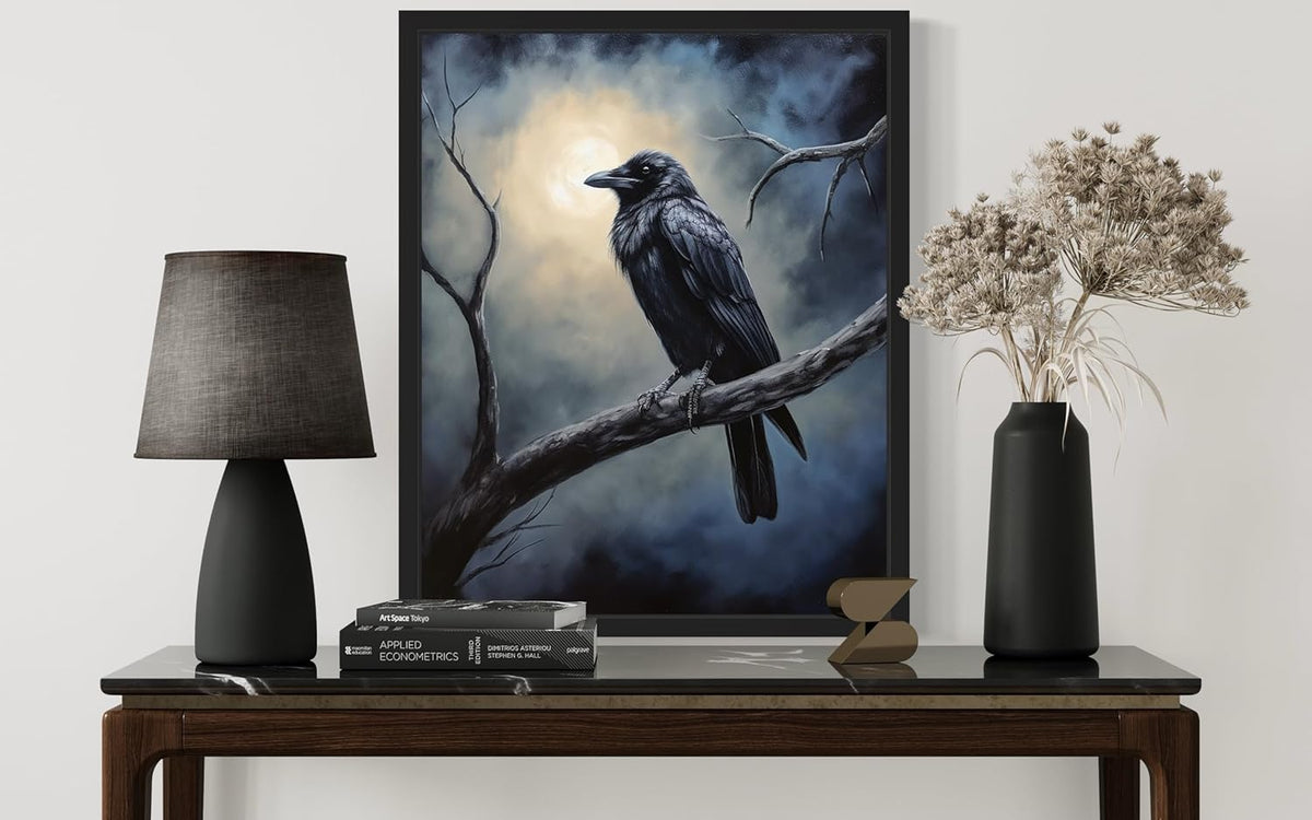 Crow under the Moonlight Poster Art Print, Halloween Scary Vintage Wall Art Academia Spooky Painting Decoration for Horror Prints, Gothic Posters Bedroom Decor 89 (Crow under the Moonlight, 8 x 10 inches, Black Frame)