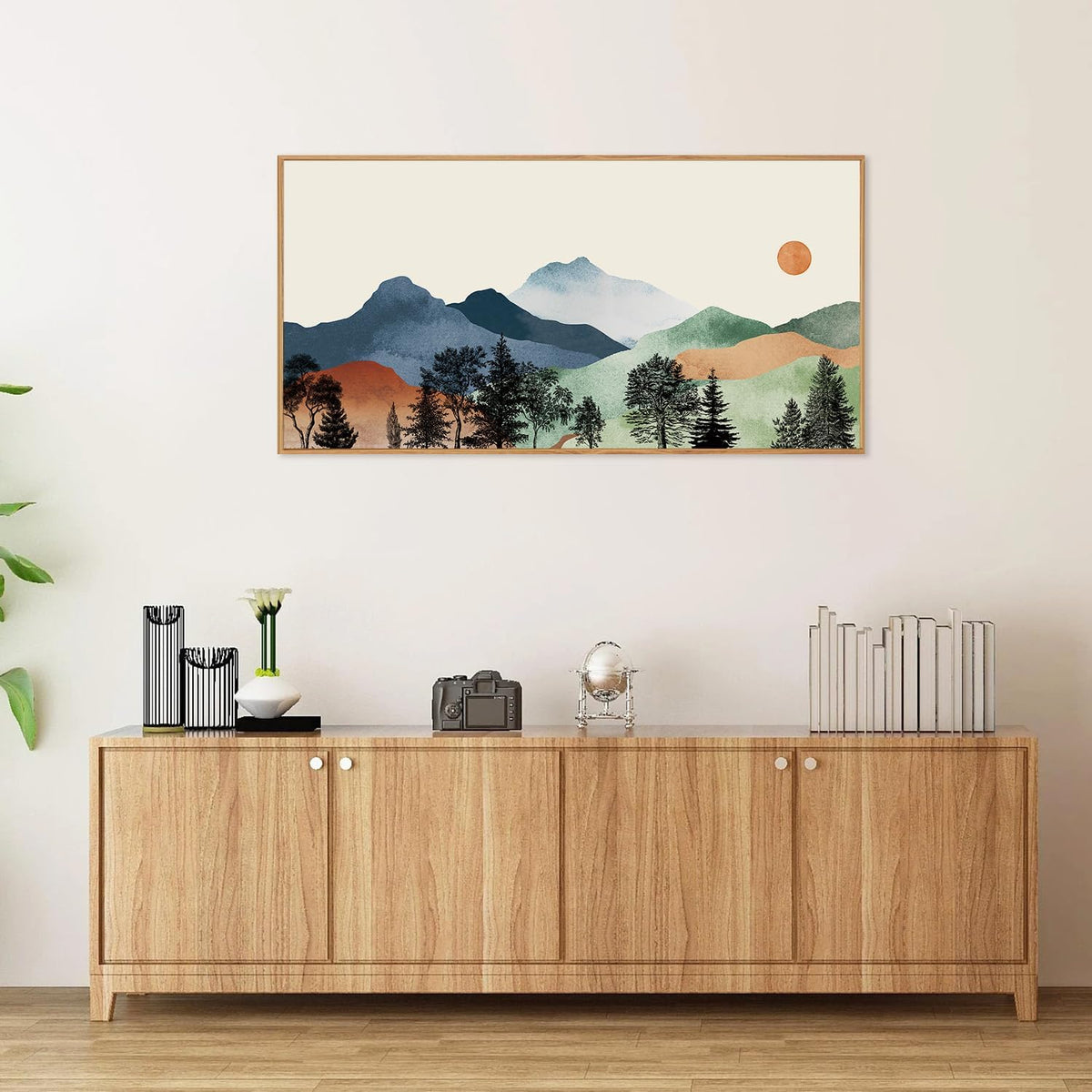SIGNINART Large Boho Mountains Framed Canvas Wall Art, Watercolor Nature Landscape Art Prints, Neutral Modern Sunrise Art Paintings, Green Forest Wall Decor for Living Room, Bedroom, Office 20"x40"