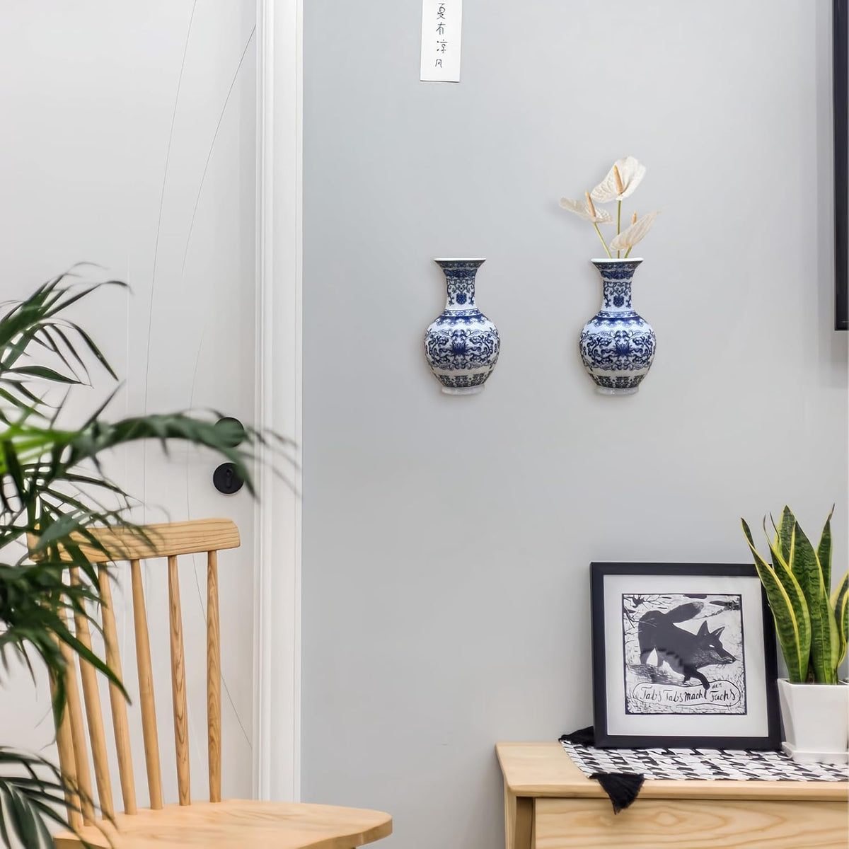 Set of Two Blue and White Porcelain Wall Vases for Flowers – Handmade Chinoiserie Ceramic Wall Mounted Flower Vase, Decorative Hanging Vases for Living Room, Bookshelf & Indoor Décor