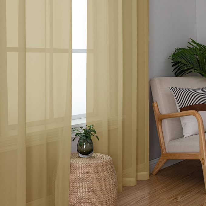 Gold Sheer Curtains 78 Inch Length 2 Panels Set, Light Filtering Voile Fimly - Image 3