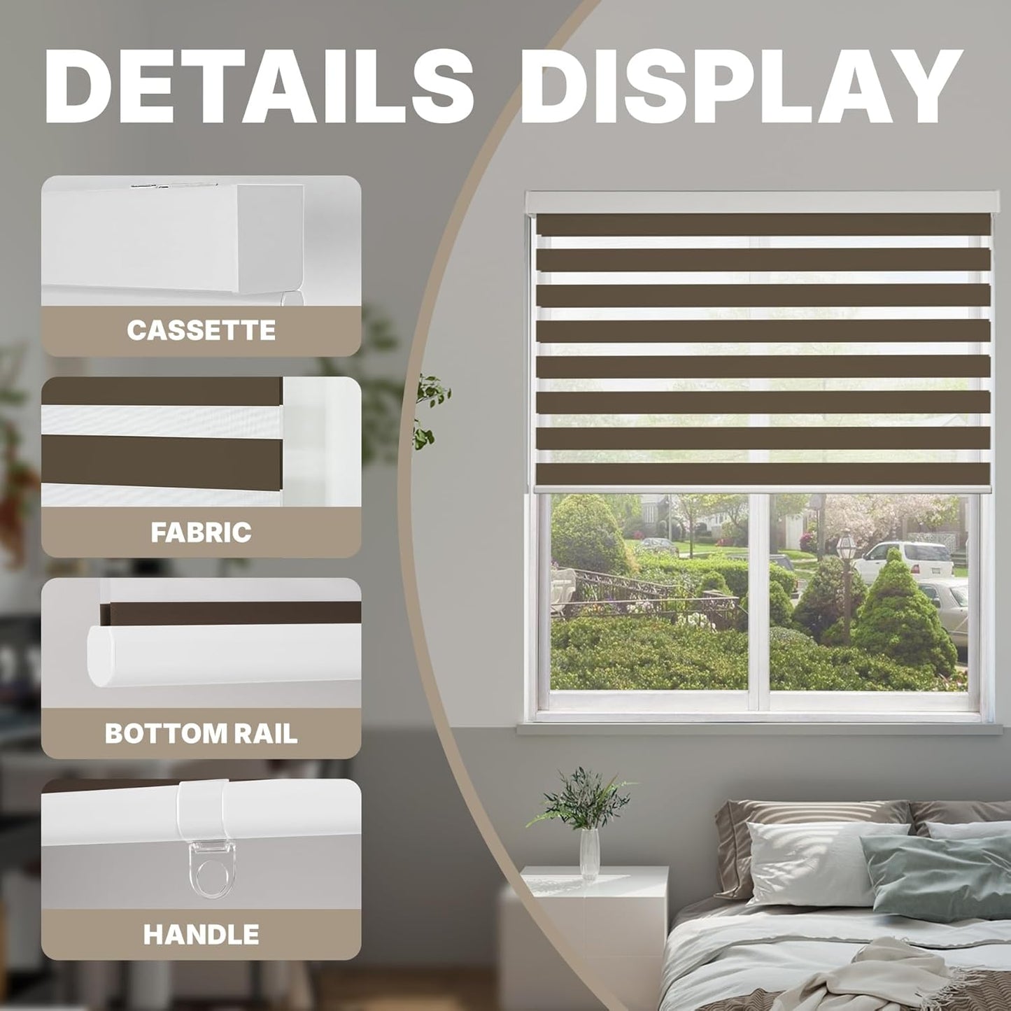 HESTIA Cordless Zebra Blinds Light Filtering Roller Shades UV Blocking Blackout Privacy Indoor Window Shades for Home Office Day and Night, Brown,50" W x 60" H