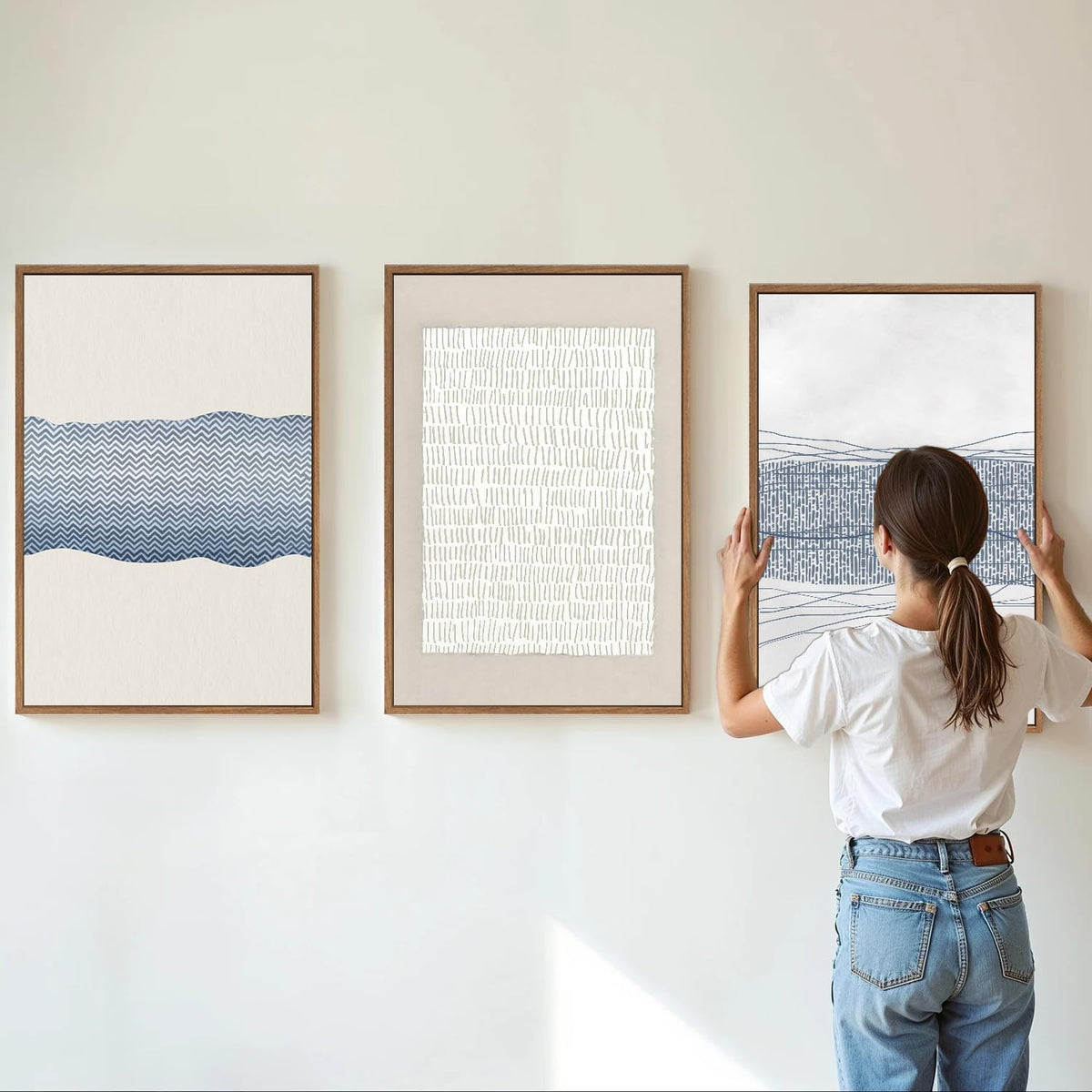 SIGNINART Large Abstract Framed Canvas Wall Art Set of 3, Minimalist Boho Line Art Prints, Modern Neutral Aesthetic Wall Decor, Blue and White Art Paintings for Living Room, Bedroom, Office 16"x24"