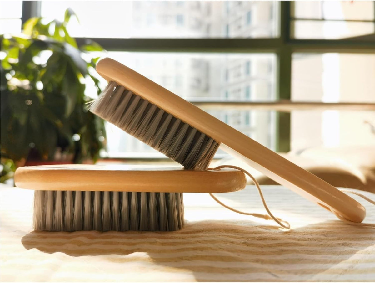 2PCS Wood Laundry Brush, Long Handle Clothing Stain Remover Scrubber, Soft Bristle for Scrubbing Out Tough on Delicate, Easy to Grip Hand Washing Clothes