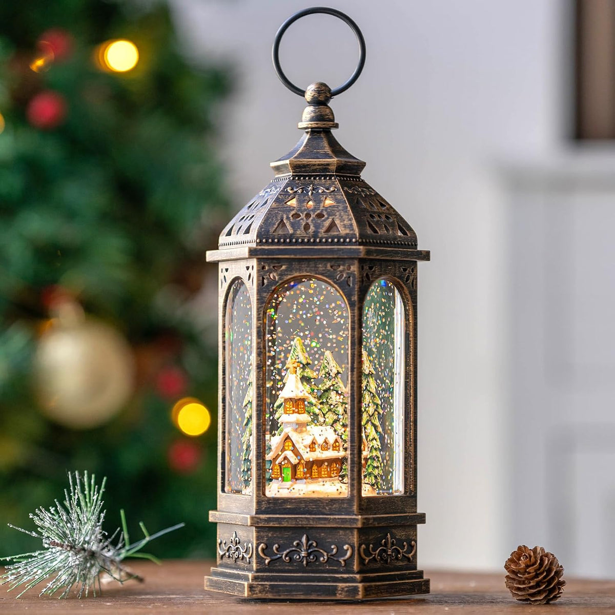 Christmas Snow Globe Lantern Lighted Holiday Village Church with Music& Timer, USB Lined/Battery Operated Lighted Lantern for Christmas Festival Decoration Gifts