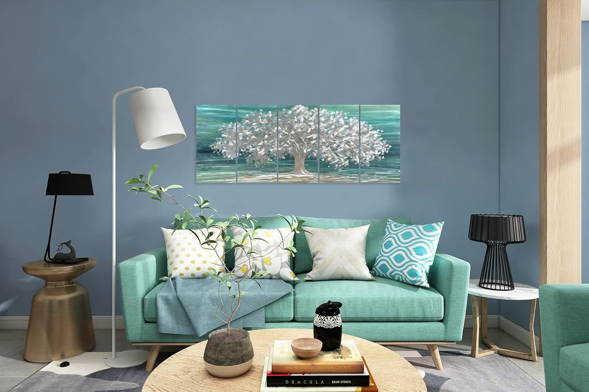 Yihui Arts Tree Of Life Metal Wall Art Handcrafted Aluminum Artwork Teal and Silver Abstract Nature Pictures in 5 Pieces for Living Room Bedroom Bathroom Decor