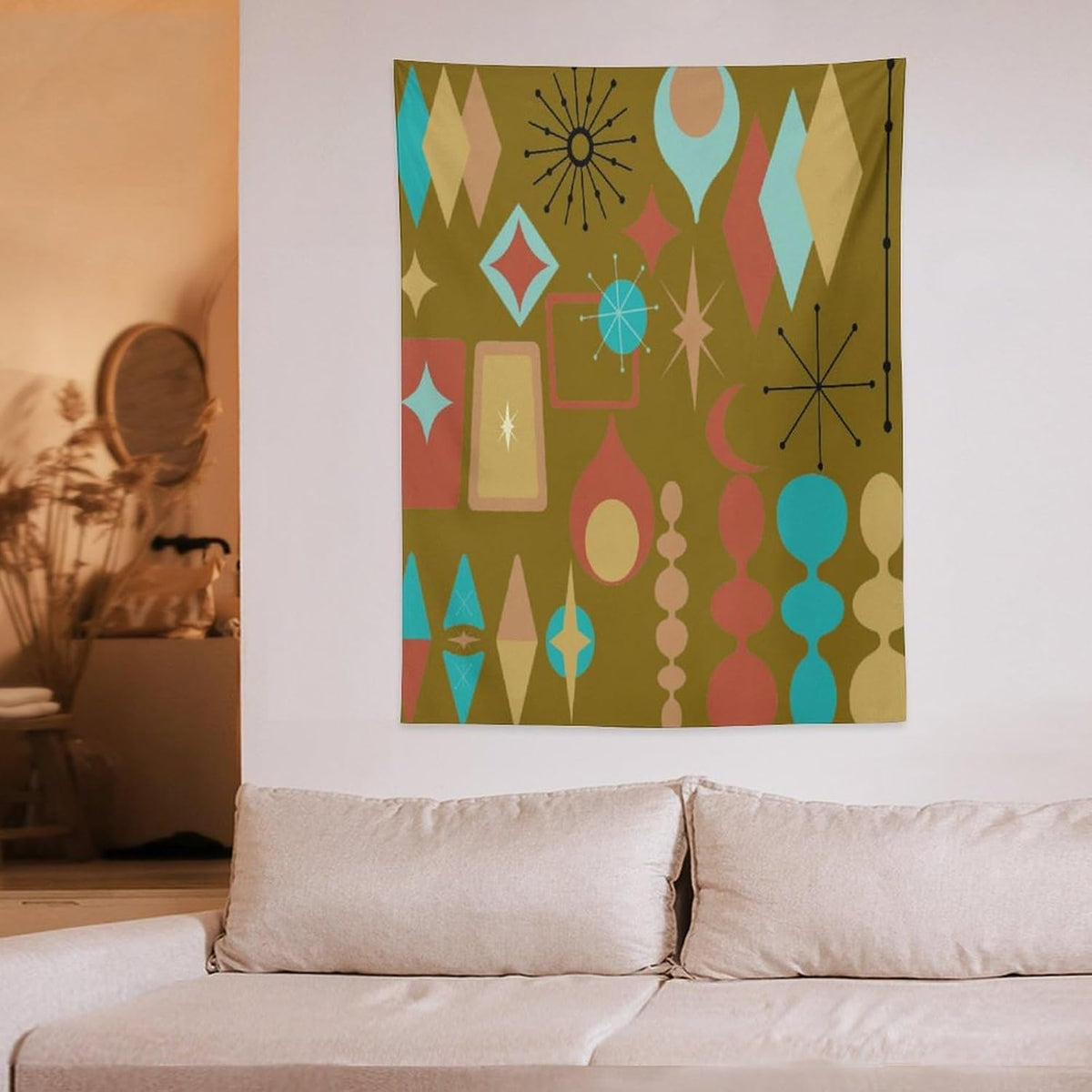 ICMOLYYENLO Boho Medieval Cat Tapestry, Abstract Atomic Starburst Geometric Aesthetic Art Wall Hanging For Bedroom Living Room Dormitory 60x60 Inches