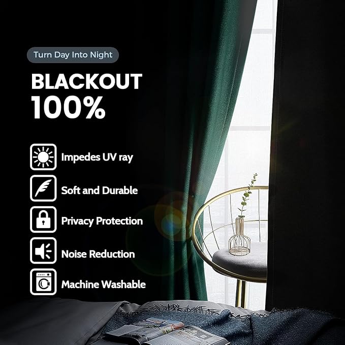 SimpleHome Dark Green 100% Blackout Curtains Room Darkening Living Room 54 | - Image 3