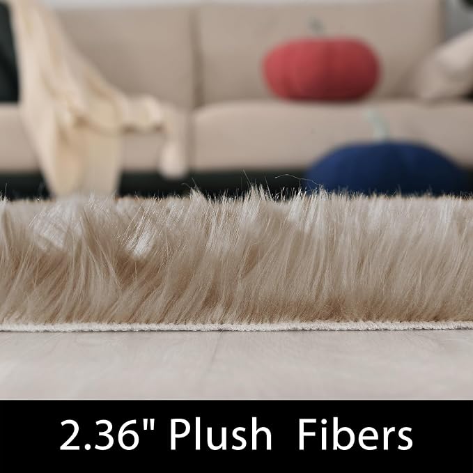 Latepis Runner Faux Fur Rug Camel Beige 2x6 Rugs Fluffy Furry Washable - Image 3
