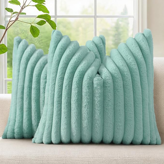 decorUhome Fall Faux Fur Throw Pillow Covers 18x18 Set of 2 Aqua | Decorative by decorUhome