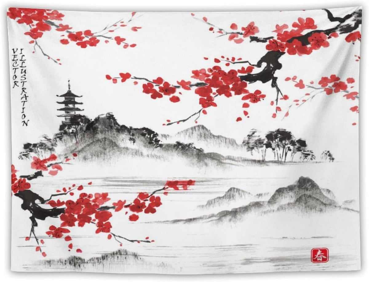 Cherry Blossoms Tapestry, Japanese Fuji Mountain Wall Tapestry, Nature Landscape Wall Art for Bedroom & Living Room Decor, 40"x30"