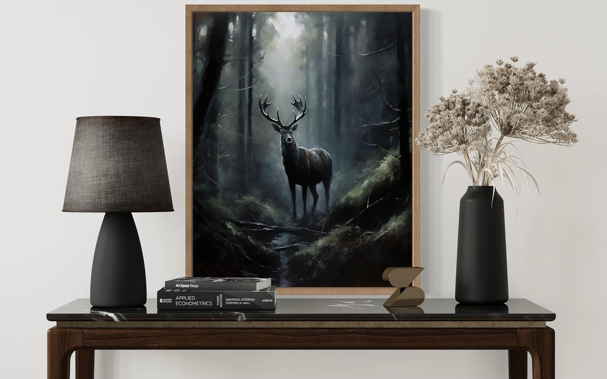 Deer in Forest Poster Art Print, Halloween Scary Vintage Wall Art Academia Spooky Painting Decoration for Horror Prints, Gothic Posters Bedroom Decor 89 (Deer in Forest, 8 x 10 inches, Wood Frame)