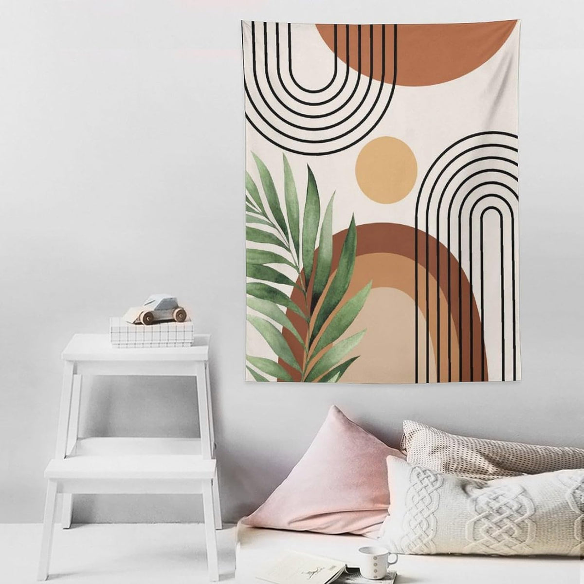 Abstract Bohemian Mid Century Tapestry, Tropical Leaves Modern Geometric Archway Minimalist Bohemian Botanical Aesthetic Wall Hanging, Sage Green Gold Home Decor Art for Bedroom 60x80 Inch