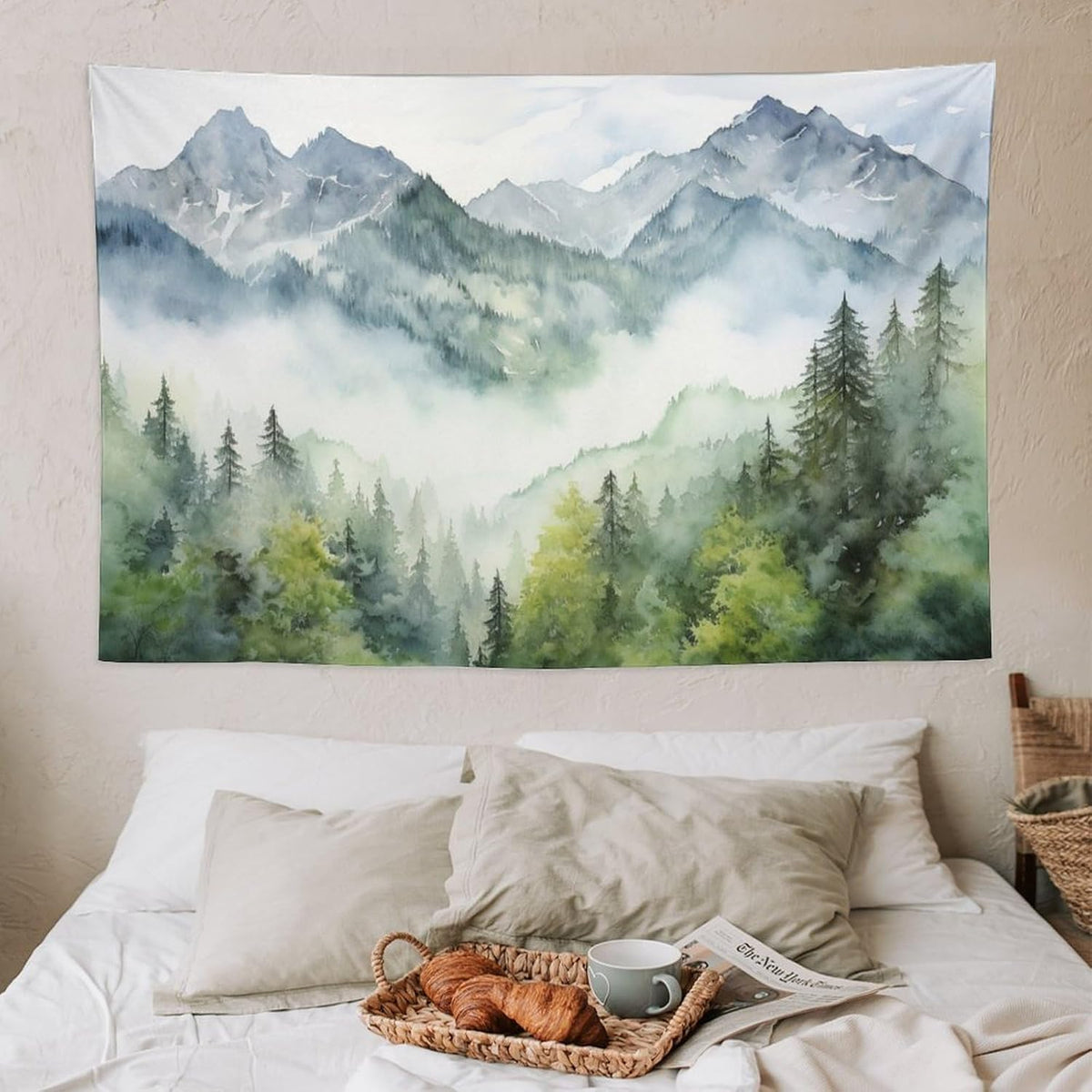 HZOHNAGO Mountain Tapestry Misty Green Forest Mountain Pattern Printed Wall Tapestry Wall Hanging for Bedroom Living Room Dorm 60" W x 40" H