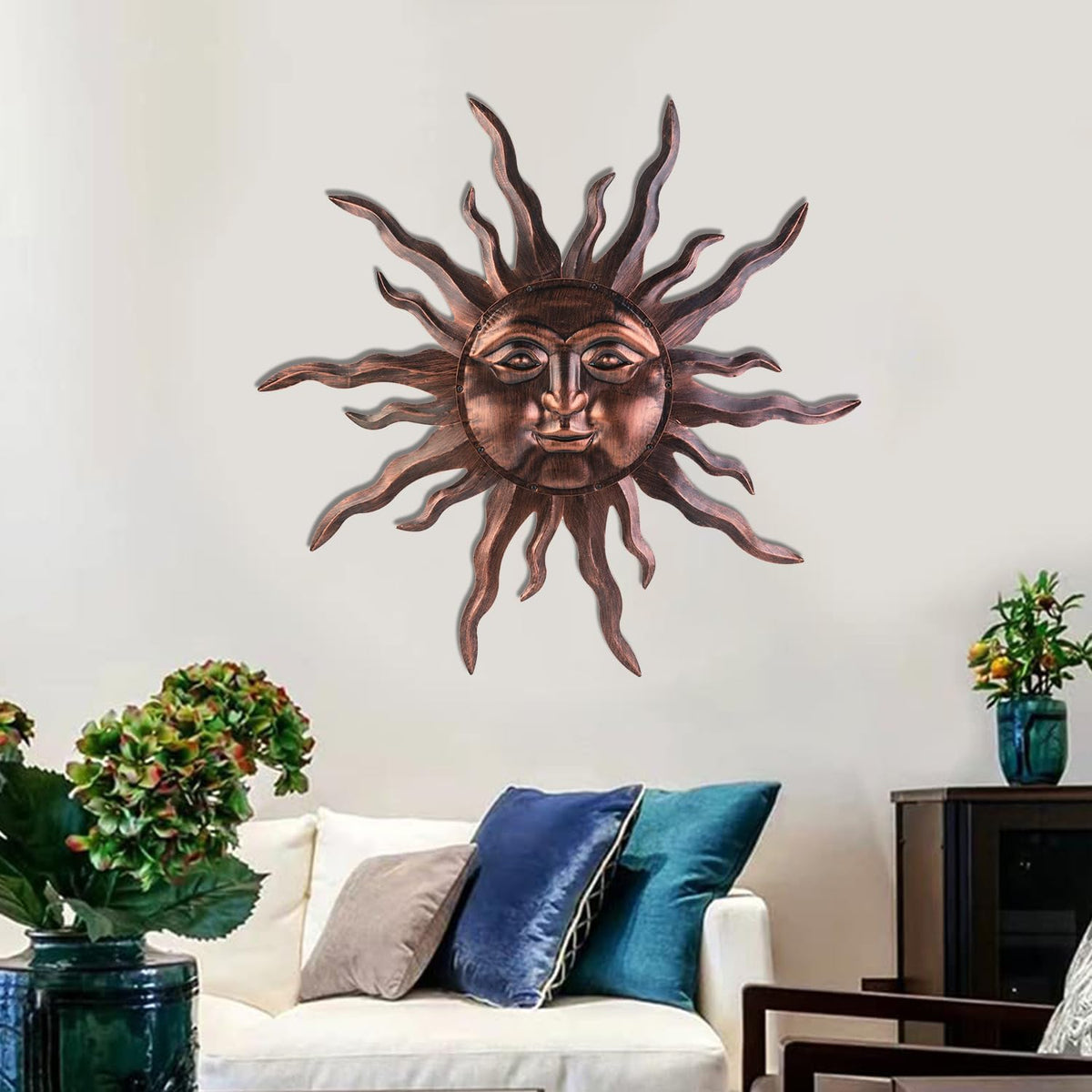 VZVXCC Large Metal Sun Wall Art Decor- 30 inches Sun Wall Hanging Decoration for Indoor Outdoor, 3D Sunshine Face Metal Wall Sculpture for Home Bedroom Living Room Office Garden Yard Patio(Bronze)