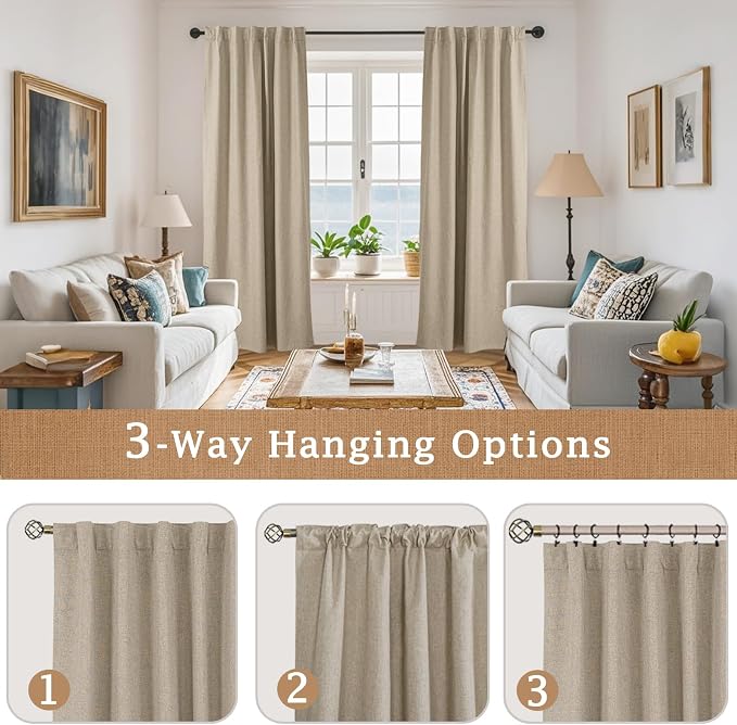 100% Blackout Natural Polyester Curtains, 72 Inches Linen Textured Thermal - Image 9