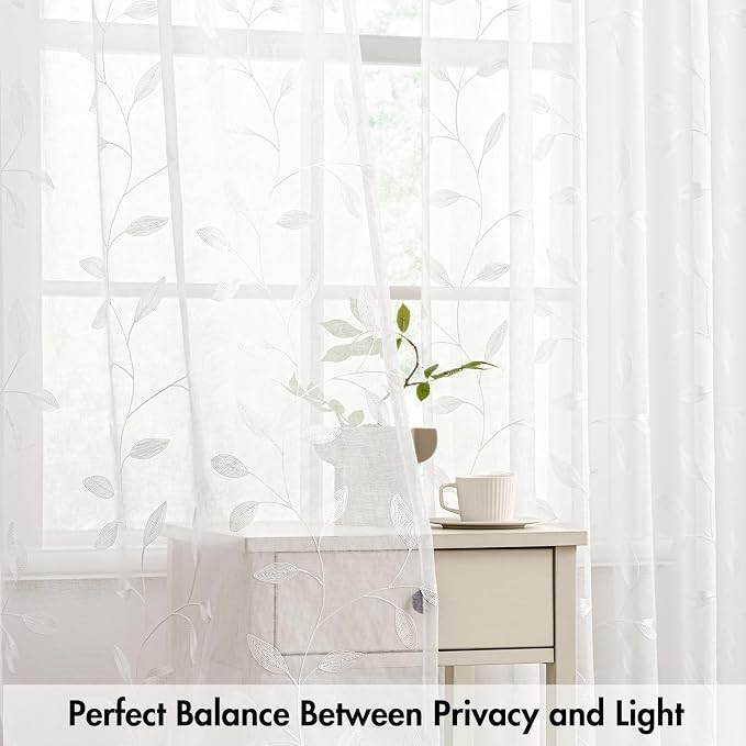 MIULEE White Sheer Curtains 2 Panels Embroidered Leaf Patterned, W52 x L63 | - Image 5
