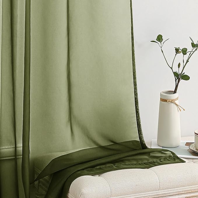 MIULEE Olive Green Sheer Curtains 54 X 84 Inches, 2 Panels | Solid Color - Image 4