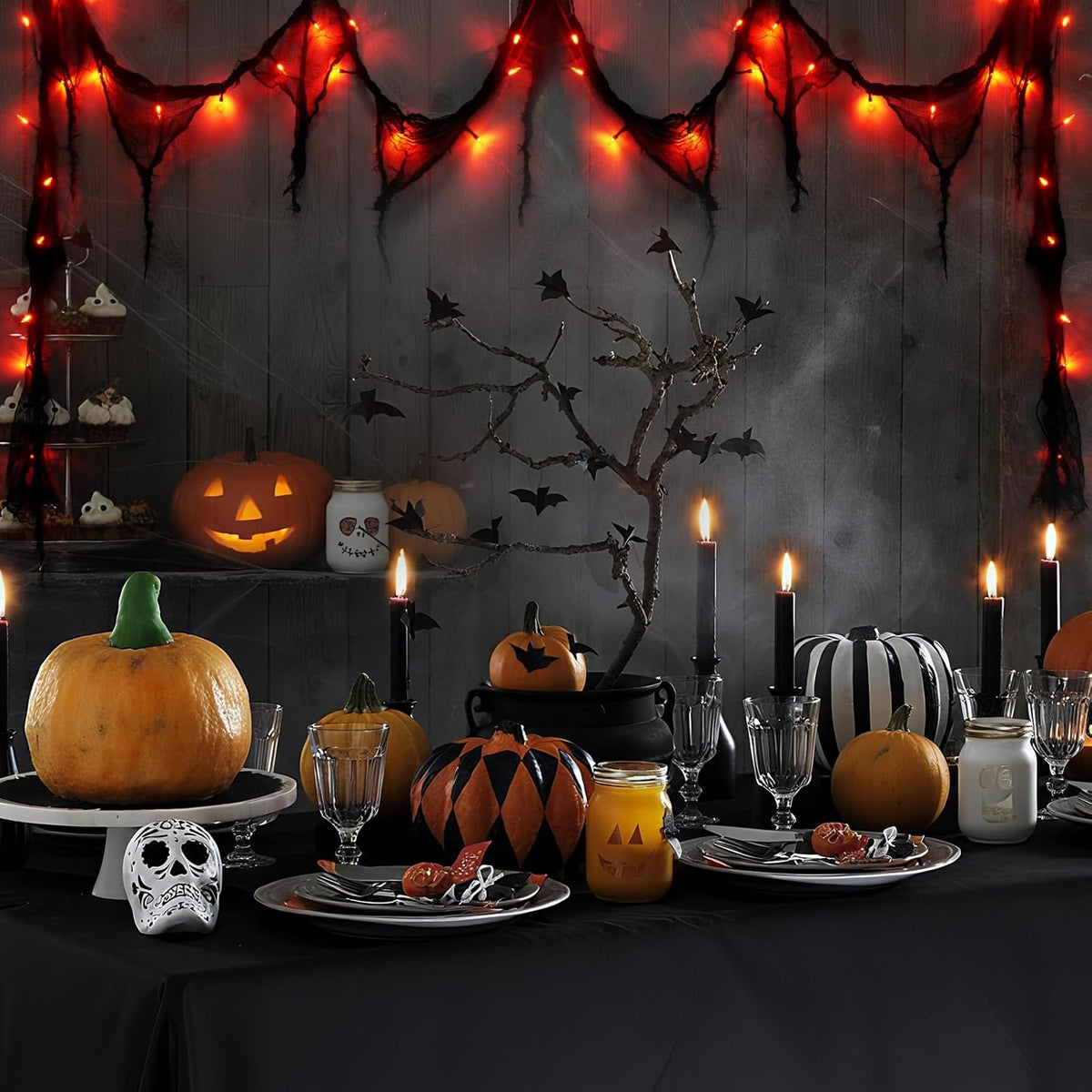 Halloween Horror Atmosphere Lights, Orange&Purple LED String Lights with 9.9FT Creepy Black Gauze, Battery Powered with Timer & 8 Flashing Modes (2 Pack Red)