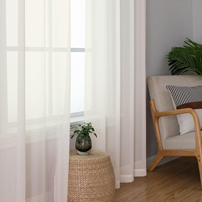 Ivory Sheer Curtains 68 Inch Length 2 Pcs, Light Filtering Rod Pockets Bedroom - Image 8