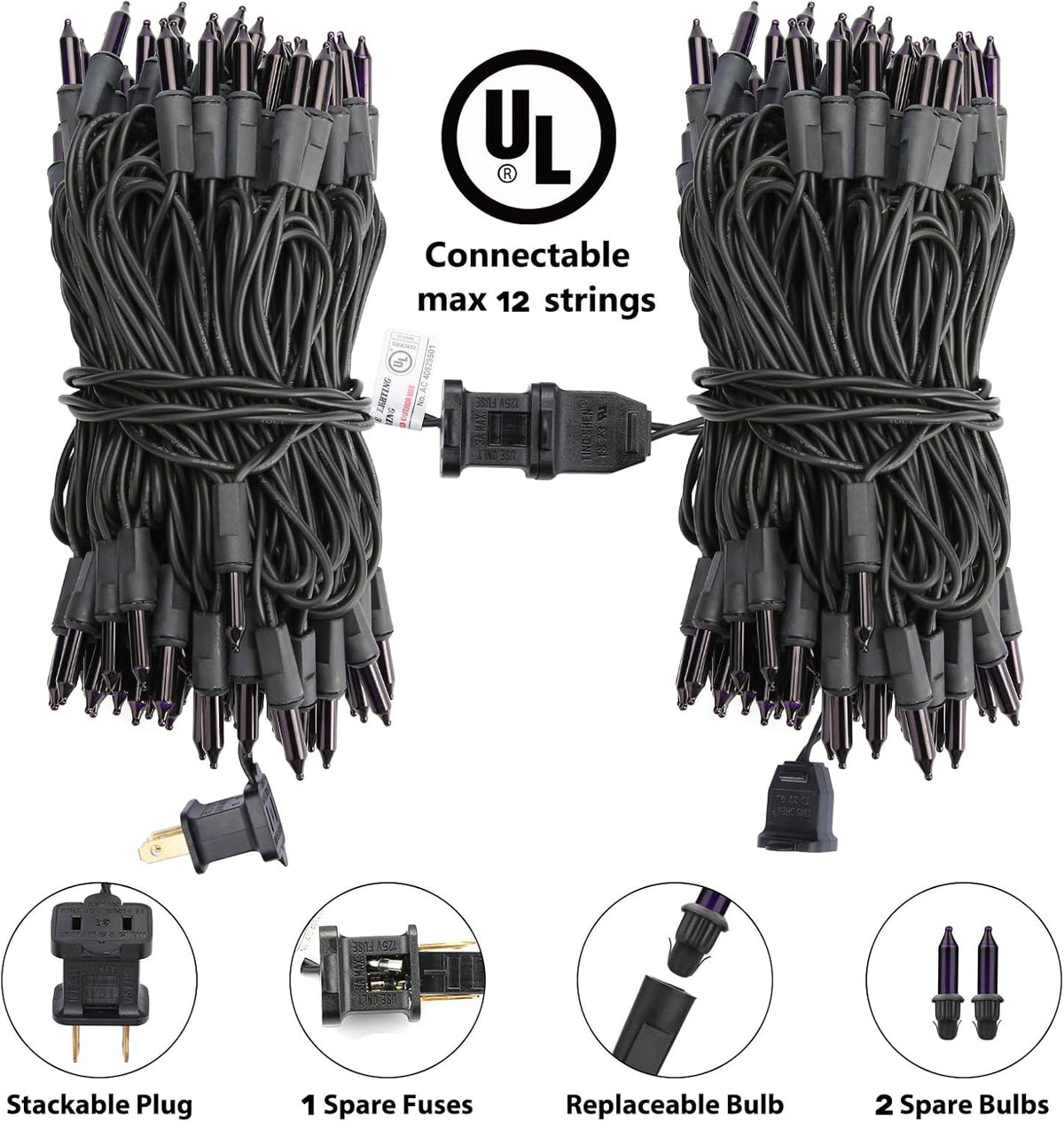 Toodour Purple Halloween Lights, 12.5ft 50 Count Incandescent Halloween String Lights, UL Certified Connectable Mini Bulbs String Lights for Home, Garden, Porch, Yard, Patio, Party, Indoor Decoration