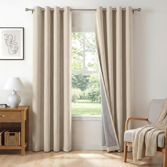 100% Blackout Linen Textured Curtains 90 Inch Long, Natural Flax | 100% by 100BlackoutShield